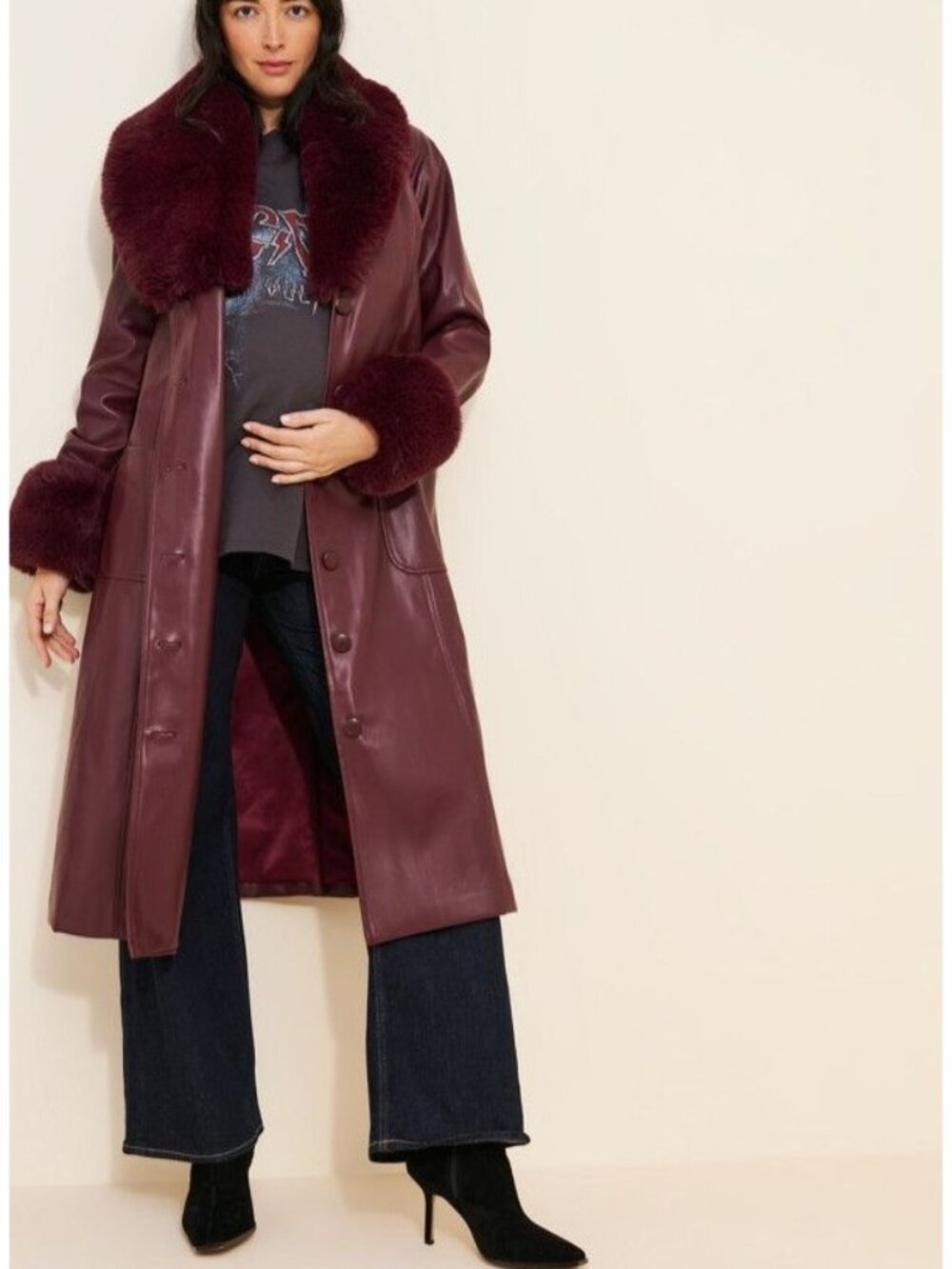 Hutch Maternity Faux Leather Coat Faux Fur Trench Chic Mob Wife Luxury Womens L